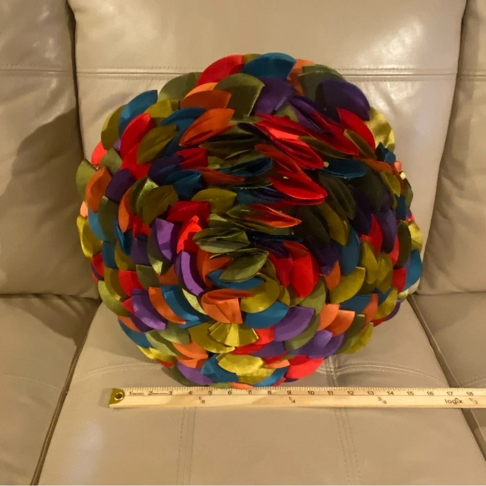 Vintage Handmade Satin Ribbon Rosette Throw Pillow Colorful Petal Design Boho